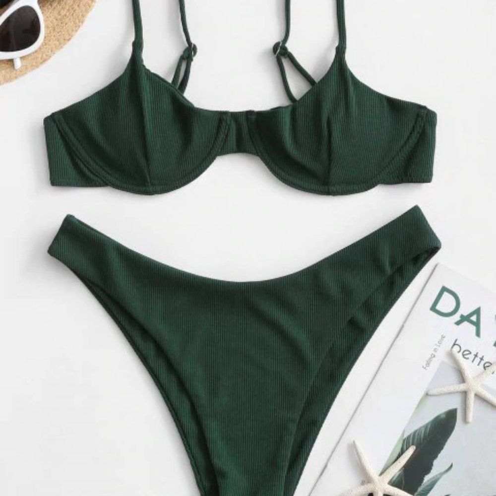 ZAFUL Ribbed Underwire Solid Bikini in Sea Green